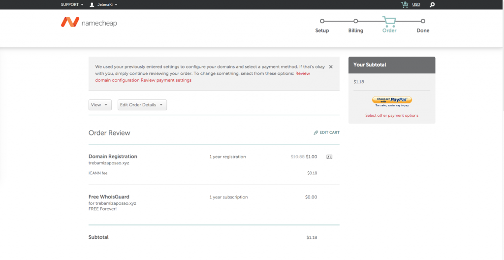 1. korak - Povezivanje web stranice sa domenom - Kupovina domene na NameCheap-u - PayPal plaćanje  - Slika 6