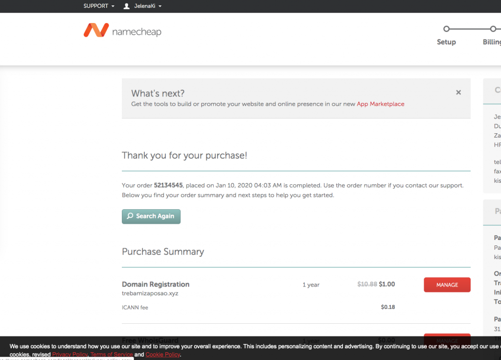 1. korak - Povezivanje web stranice sa domenom - Kupovina domene na NameCheap-u - Kupovina domene uspješno obavljena - Slika 7