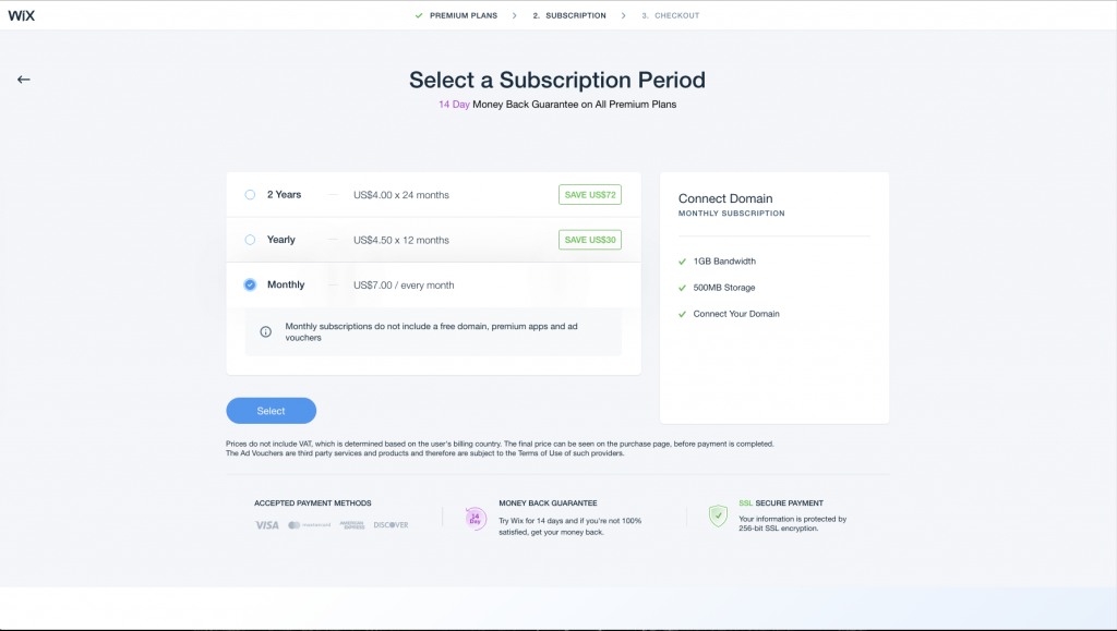 2. korak - Povezivanje web stranice sa domenom - Wix Premium Plan, opcija “Connect Domain”, plaćanje mjesečno  - Slika 10