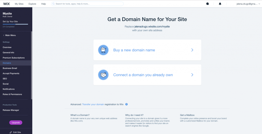 3. korak - Povezivanje web stranice sa domenom - Wix Dashboard / Domains