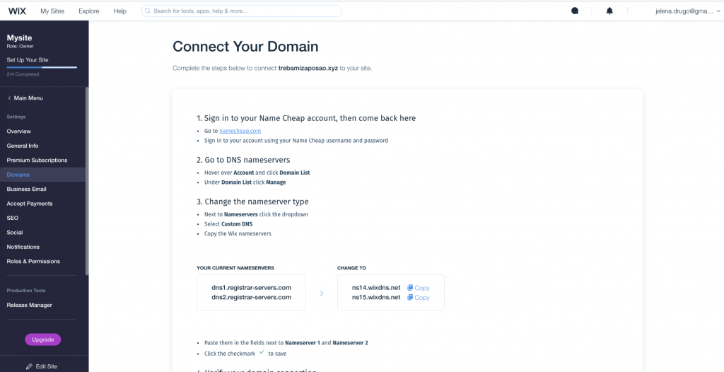 3. korak - Povezivanje web stranice sa domenom - Wix Dashboard / Change the nameserver type / Copy the Wix nameservers - Slika 21