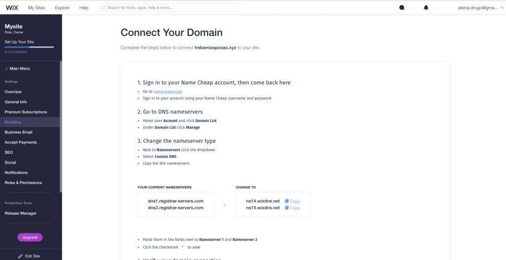 3. korak - Povezivanje web stranice sa domenom - Wix vas vodi kroz zadatke koje morate napraviti na NameCheap-u - Slika 15