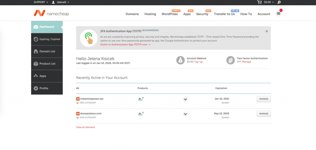 3. korak - Povezivanje web stranice sa domenom - NameCheap Dashboard - Slika 17