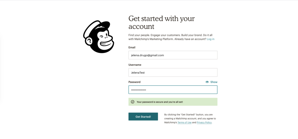 Kreiranje računa u MailChimp-u – Slika 2 – Upisivanje email adrese, korisničkog imena i lozinke