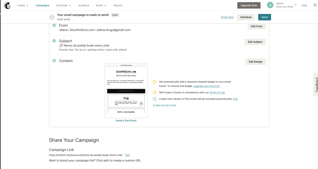 Slika 51 - Sve je spremno za slanje prve newsletter kampanje