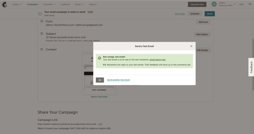 Slika 53 - MailChimp newsletter - Testni mail - Poslan