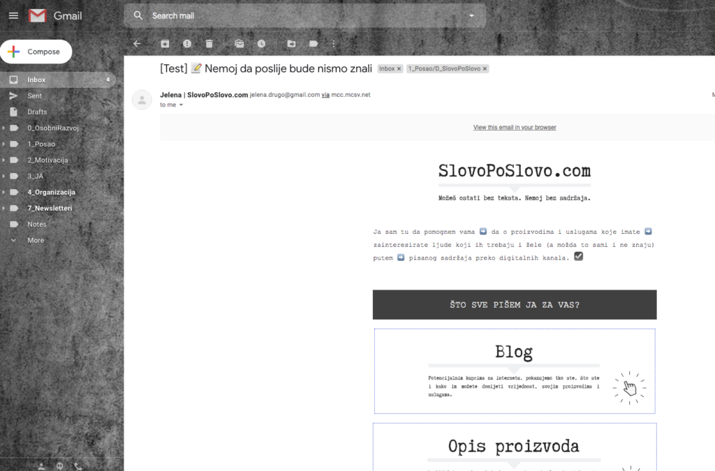 Slika 55 - MailChimp newsletter - Testni mail - U inboxu